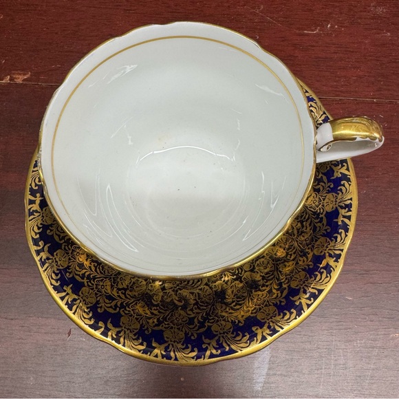 Vintage 1940s Aynsley Tea Cup & Saucer Set Cobalt Blue Gold Lace Fine Bone China - Picture 4 of 16